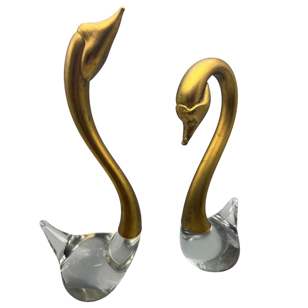 Vintage MCM Brass and Art Glass Swans pair